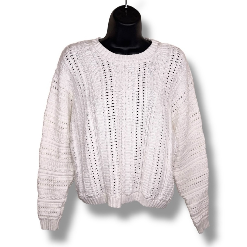Small Cynthia Rowley White Cotton Knit Sweater Long Sleeve Open Knit Neutral